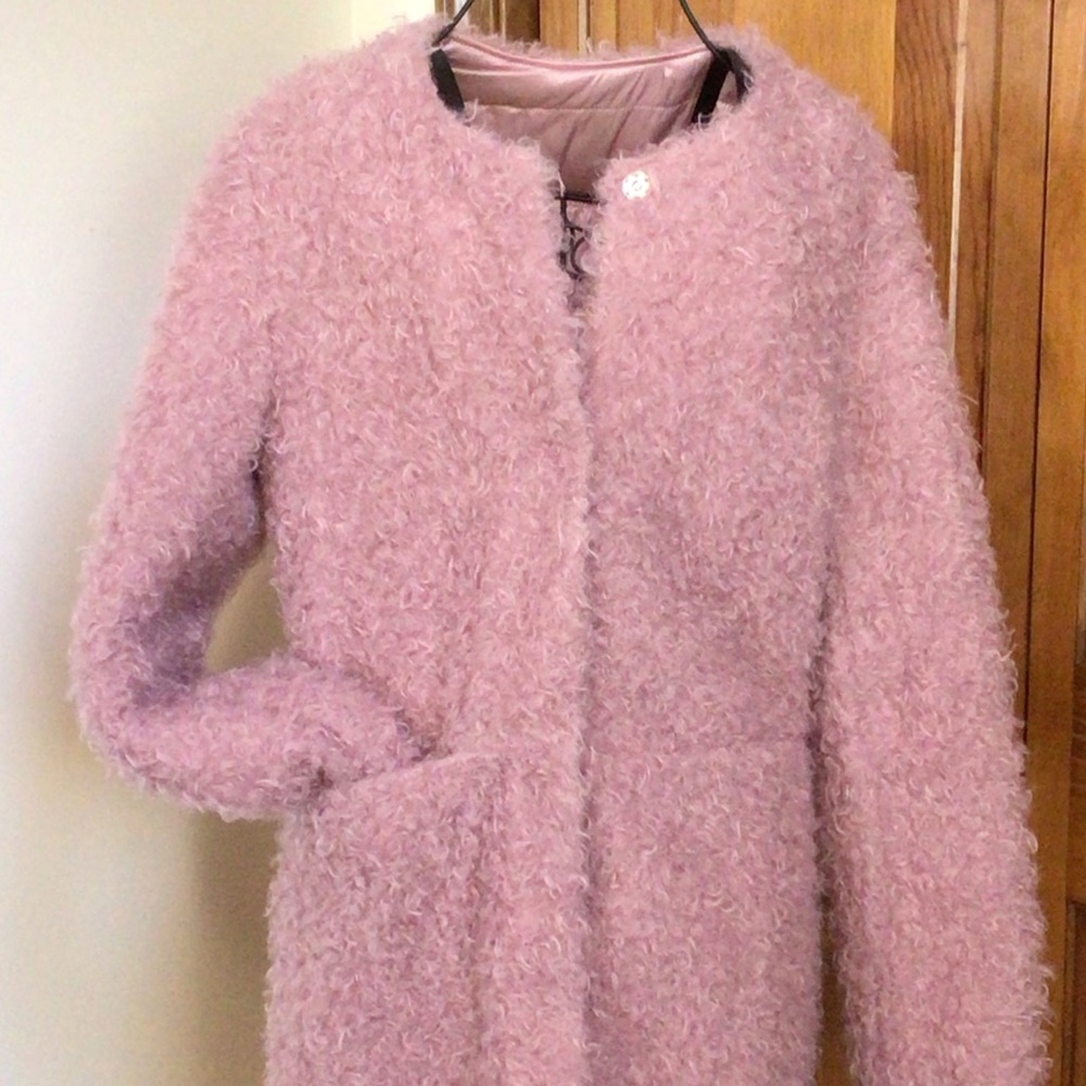 Via Spiga Reversible Curly Fun Fur Car Coat, Small, Dusky pink - Picture 4 of 10